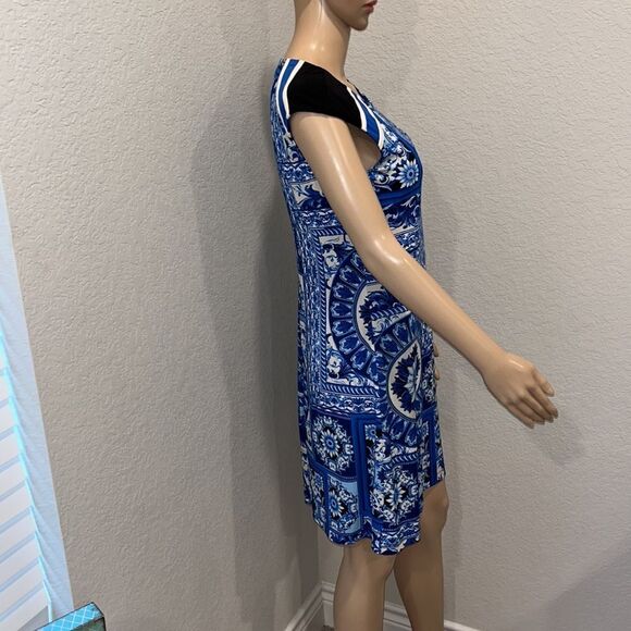 Vintage Muse blue floral geometric pattern dress, fully lined - Picture 2 of 6